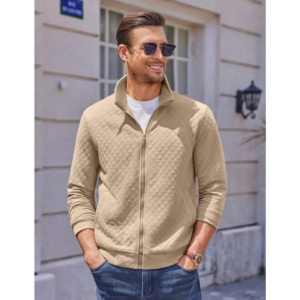 COOFANDY Men Black Zip Up Mock Neck Quilted Lightweight Sweater Jacket